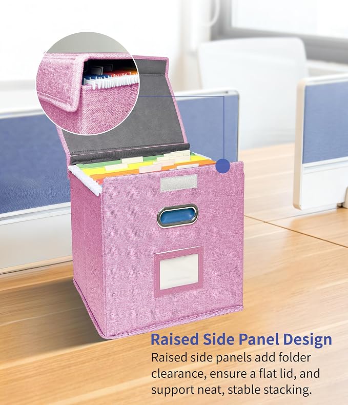 2 Pack Hanging File Folder Box with Lid, Durable Letter Size Filing Storage Box, Sturdy File Holder with Cardboard Support PVC Rails for Office Home Organizer, Pink - Image 2