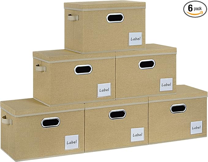 LHZK Large Storage Bins with Lids 6 Pack, Foldable Linen Fabric Storage Boxes with Lids, Sturdy Fabric Storage Bins with Label & 3 Handles for Shelves Bedroom Home Office (Beige, Large) by LHZK