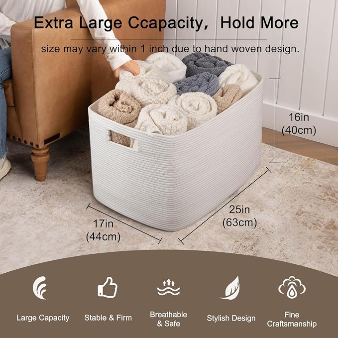 OIAHOMY 118L XXXLarge Cotton Rope Storage Basket, Oversized Blanket Basket, Used for Organizing Dirty Clothes in Living Room, Bedroom, Nursery, Dog Toy Storage Bins, 25" x 17" x 16",White - Image 3