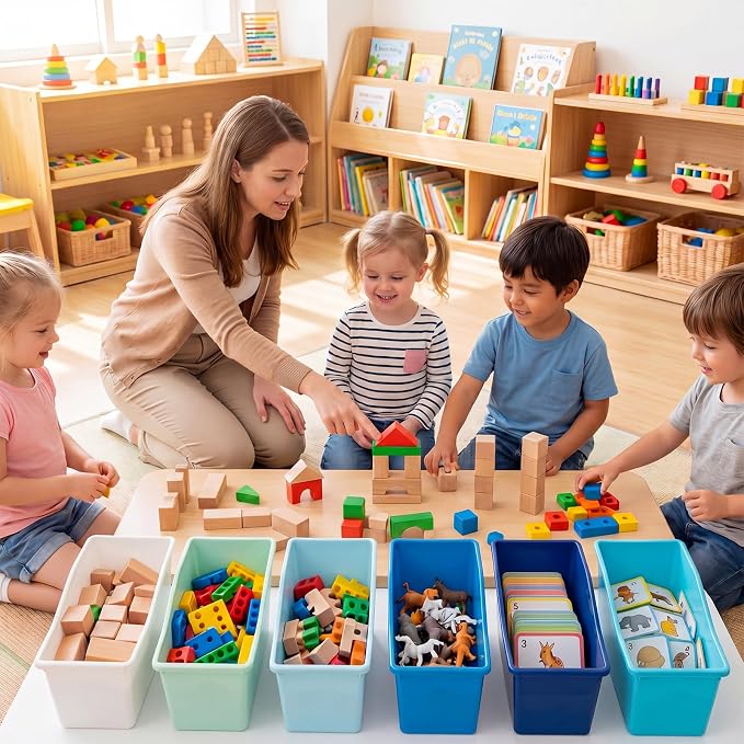 Geetery 12 Pcs Book Bin for Classroom with Labels Stackable Plastic Organizing Bins 11.5 x 5.4 x 7.5 in Book Holders Storage Bins Box Baskets for Classroom Library Home (Blue Color Scheme) - Image 6