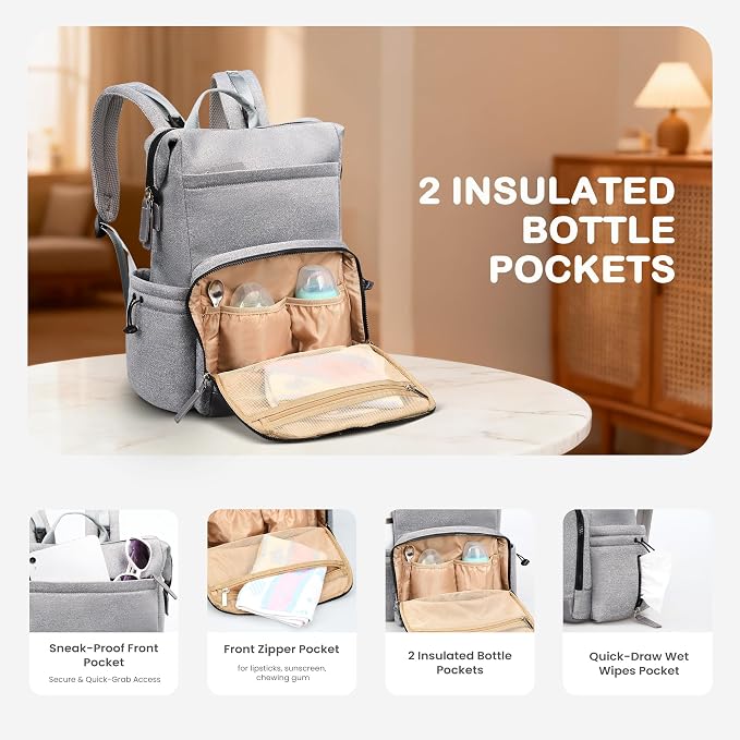 VONAL Neoprene Diaper Bag Backpack with Changing Pad, 33L Large Capacity Neoprene Backpack Baby Diaper Bag with Insulated Pockets, Travel Diaper Backpack Baby with 12 Pockets for Mom & Dad, Gray - Image 3