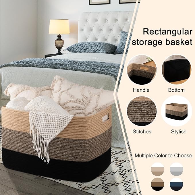 OIAHOMY 118L Extra Large Blanket Basket, Rectangle Woven Cotton Rope Storage Basket,Used for storing Dirty Clothes, Stuffed Animal Toy Storage for Living Room,Kids Room,25" x 17" x 16", Brown Black - Image 4