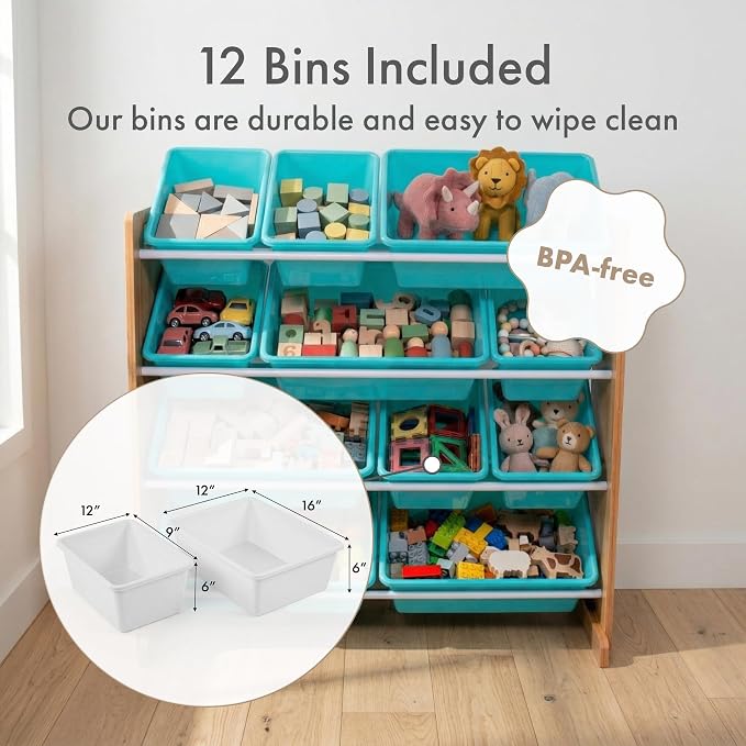 Humble Crew Kids Toy Organizer with 12 Bins, 4 Tier Storage for Playroom | Sturdy wood and steel toddler shelf, removable BPA-free containers, wall anchor anti-tip safety kit for bedroom or classroom - Image 3