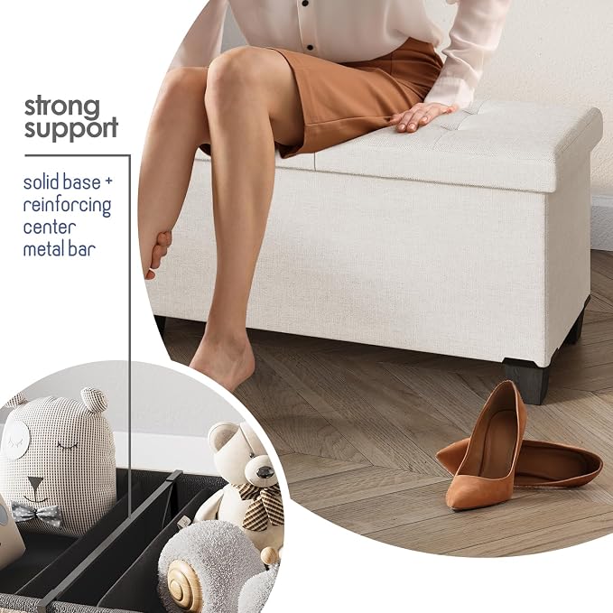 Storage Ottoman Bench with Bins, 43-in Storage Bench for Bedroom End of Bed, Folding Foot Rest Ottoman for Living Room Max 660lbs, Fabric Ottomans, Beige - Image 5