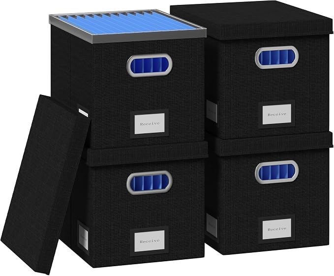 File Organizer Box - File Boxes for Hanging Files with Lid Set of 4 Decorative Hanging Folders Organizer with One-Piece Plastic Frame Slides (Black, 13.2 * 10.1 * 10.1in(4Pack)) by FileOrganizerBoxeswithLid