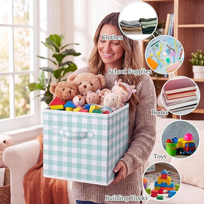 Yalikop 6 Pcs Green Gingham Cube Storage Bins, 11 Inch Fabric Checkered Classroom Storage Bins Organizer with Handle Preppy Collapsible Cubby Basket for Classroom Home Nursery Playroom Bedroom - Image 7