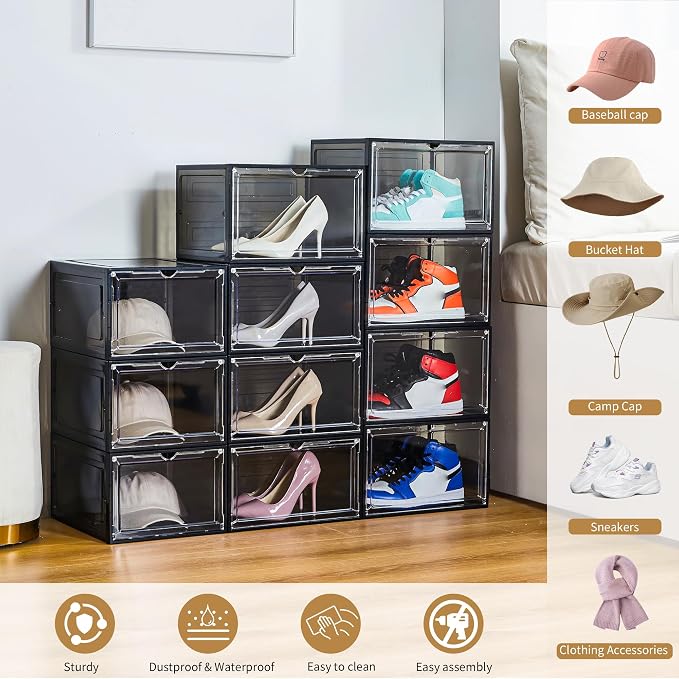 Attelite Upgrade Harder Solid Plastic Hat Organizer for Baseball Caps, 8 Pack Stackable Hat Storage Box with Clear Magnetic Door, Hat Rack(XL-Black) - Image 4