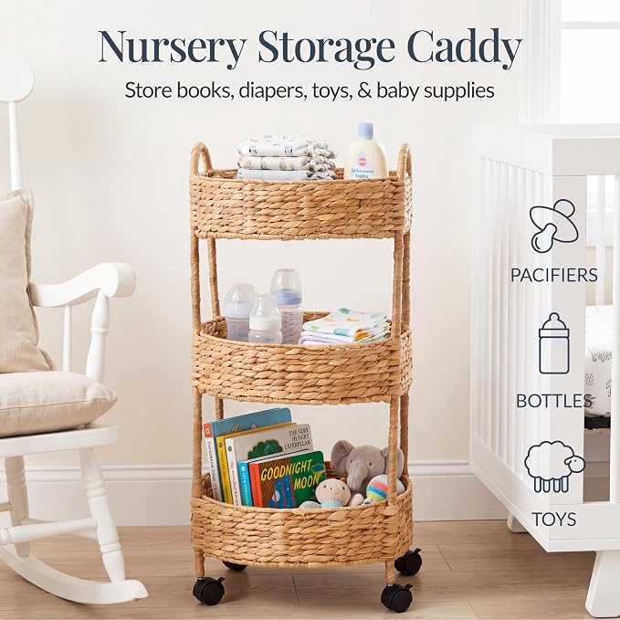 Best Choice Products 3-Tier Round Rolling Nursery Caddy w/Wheels, Handwoven Utility Cart, Storage Organization for Bathroom, Craft Room, Laundry Room - Natural - Image 3
