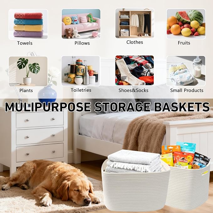 3 Pack Woven Baskets,Storage Baskets for Shelves with Handles | 13.5"×11"×9.5",Closet Baskets,Gift Basket,Nursery Organizer for Toys Towels Books,Storage Bin for Living Room Bedroom-White - Image 5