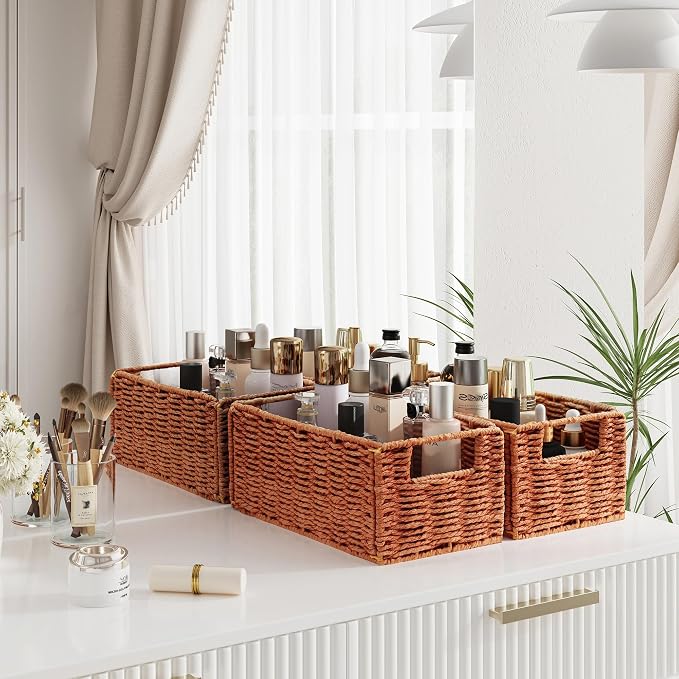 Wicker Storage Basket, Set of 2 Hand-Woven Paper Rope Wicker Basket, Small Storage Baskets for Organizing Toilet Paper, Foldable Small Cube Organizer Bins for Shelves (Orange) - Image 3