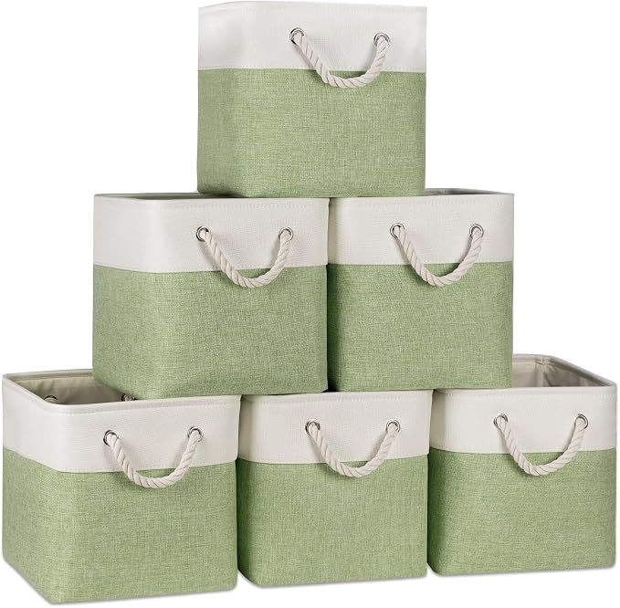 Temary 11 Inch Cube Storage Bins - 6 Pack Foldable Fabric Storage Baskets with Soft Rope Handles, Sturdy Organizer Cubes with Metal Frame for Shelves, Closet, Office & Home Organization (White&Green) by TEMARY