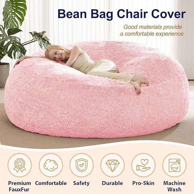 Fluffy Bean Bag for Stuffed Animals Storage, Faux Fur Washable Bean Bag Chair Cover(No Filler) for Textile Plush Toys, Beanbag Chair Cover for Adults Kids Teens, 5FT, Pink - Image 4