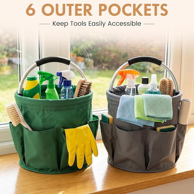 LemonRoad 4 Pack Cleaning Caddy with Handle 17L Foldable Cleaning Supplies Organizer Oxford Cloth Storage Basket with 6 Pockets Portable Multi Bucket Bag for Home Garden(Black,Dark Gray,Red,Green) - Image 4