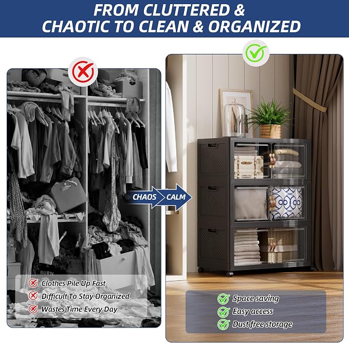 SAILUN 336QT/84Gal Stackable Storage Bins with Lids, Large Foldable Plastic Storage Cabinet with Doors and Wheels, Clear Containers Organizer for Closet Clothes,3 Pack-26 W x 16.5" D x 43.3" H Black - Image 2