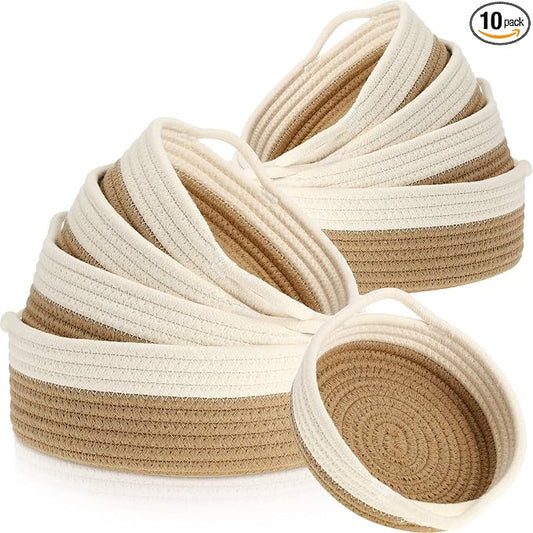 10 Pieces Woven Cotton Rope Basket Shelf Closet Organizer Bins Round Key Bowl for Entryway Table Shallow Montessori Baskets Key Tray for Home Decor Nursery Shelving Storage Organizing, 5 Sizes(Brown) by Sieral