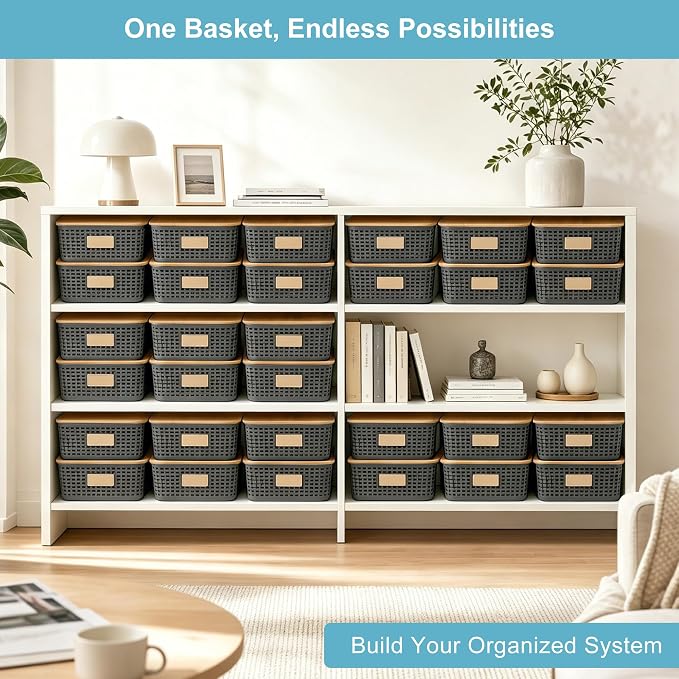 4 Pack Plastic Storage Bins with Bamboo Lids, 6.2qt Stackable Storage Organizer Box with Lable for Pantry Shelves Drawers Desktop Office, 12"L x 8.3"W x 3.5"H, Gray - Image 6