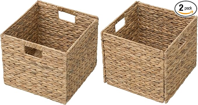 Large Square Woven Hyacinth Wicker Pantry Storage Baskets, Set of 2 | 11"x11"x10", Natural, Iron Wire Frame by eHemco