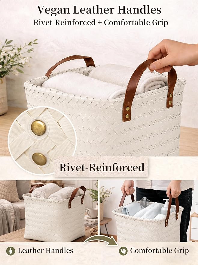 Wicker Storage Baskets, 4 Pack Woven Baskets for Shelves, White | PP Rattan, Water-resistant Wicker Basket, Large Baskets with Faux Leather Handles for Blanket, Laundry Organizer, Room Decor - Image 6