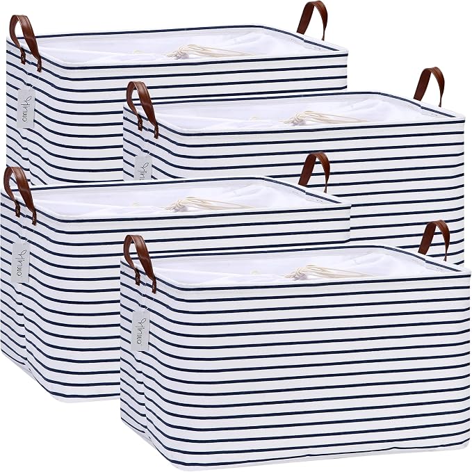 Hinwo 70L Extra Large Canvas Storage Bin with Lid and Handles, 4-Pack | Collapsible Fabric Baskets, Closet Shelf Organizers, Containers for Clothing, Blankets, Toys, Bedding (Navy Stripe) by Hinwo