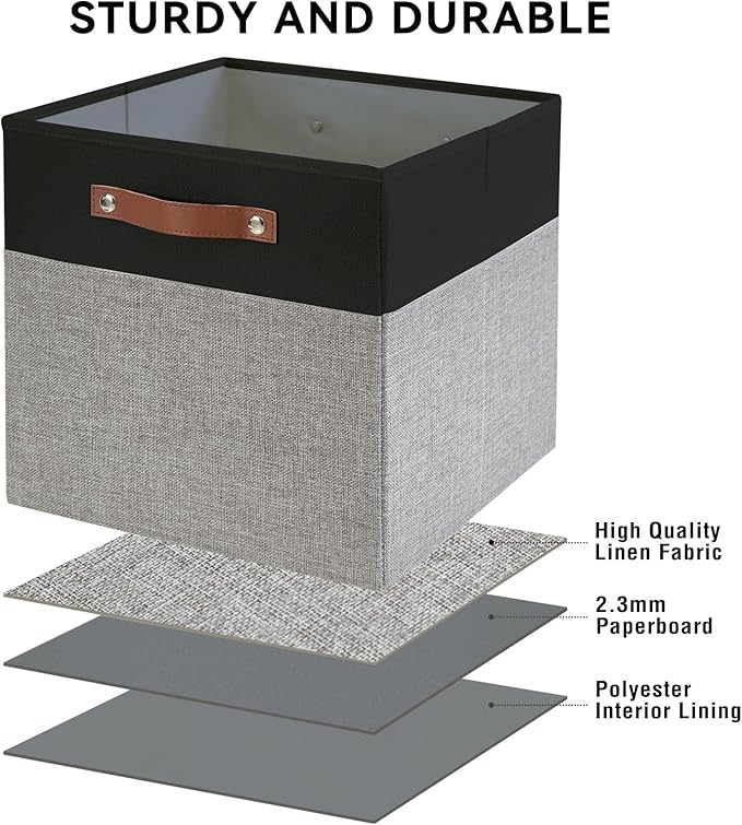 Collapsible Fabric Storage Cube Bins with 2 Reinforced PU Handles, Foldable Storage Organizer Baskets for Closet, Shelves, Living Room | 13"x13"x13", 4 Pack, Black & Gray - Image 5