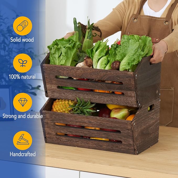Rustic Wooden Crate, 2 Pack, Brown, Large, 16.5x12.7x9 Inches, Holds Up to 45 Pounds, Decorative Farmhouse Wooden Crate Basket for Storage and Display - Image 7