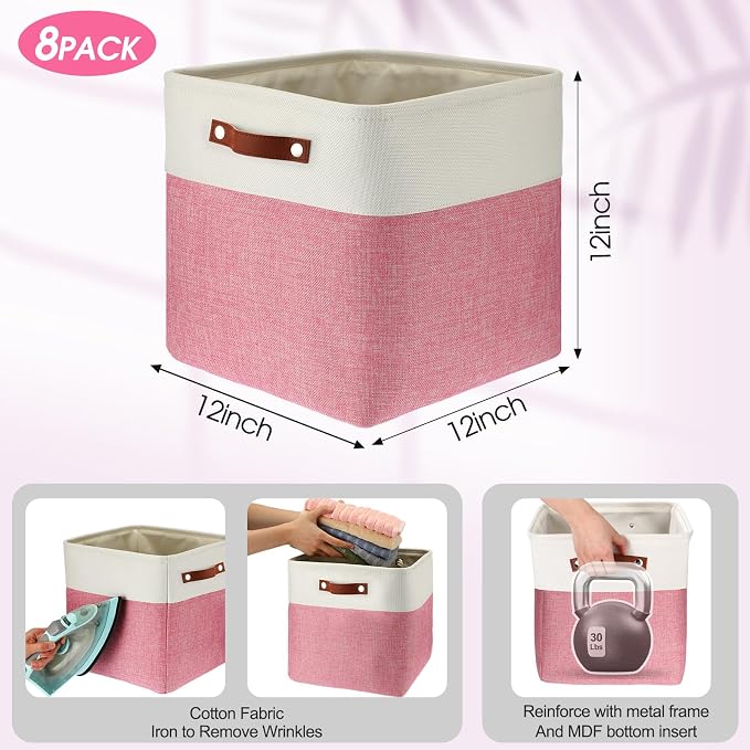 Uiifan 8 Pack 12 x 12 x 12 Inch Large Storage Baskets Collapsible Fabric Storage Cubes Bins with Handles for Shelves Closets Nursery Home Clothes Toys Organizers, Pink - Image 2