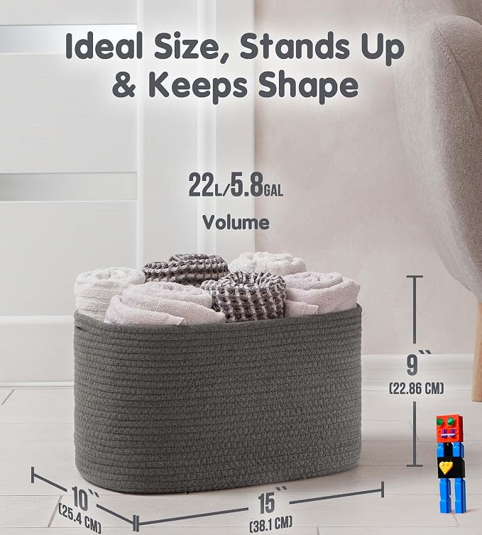 CHAT BLANC Cotton Rope Baskets for Organizing, Shelves, Toys, Storage, Shoe, Bathroom, Laundry, Towel, Nursery, Home Decor, Blanket, Cloth Woven Bins Fabric (Graphite, 15"x10"x9") - Image 5