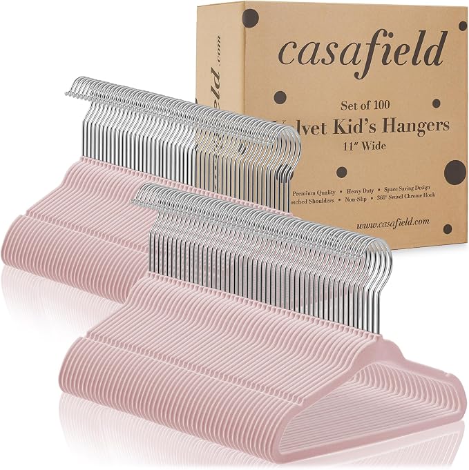 Casafield 100 Velvet Baby Hangers - 11" Size for Infant & Toddler Clothes - Light Pink - Image 4