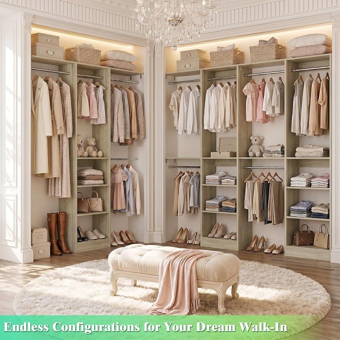 Besiost 4FT Small Closet Organizer System with 4 Hanging Rods & 3 Shelves | 48" Closet System for Small Closets, 80" H Small Closet Organizers and Storage for Bedrooms, Cloakrooms, White Oak - Image 3