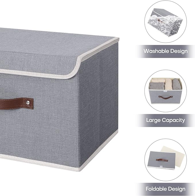 ANMINY Fabric Storage Box Bins with Lids, Gray, 15"x10"x10", 2 Pack | Keepsake Memory Storage, Cotton Linen, PP Board Reinforced, Washable, PU Handles, Foldable & Stackable, Decorative, Large - Image 4