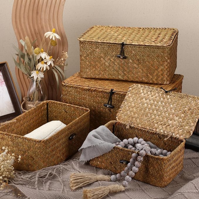 Woanger Set of 4 Wicker Baskets with Lids, Nautral Seagrass Storage Baskets, Woven Rectangular Basket Bins, Rattan Storage Organizer for Shelf Closet Bedroom(Orange) - Image 3