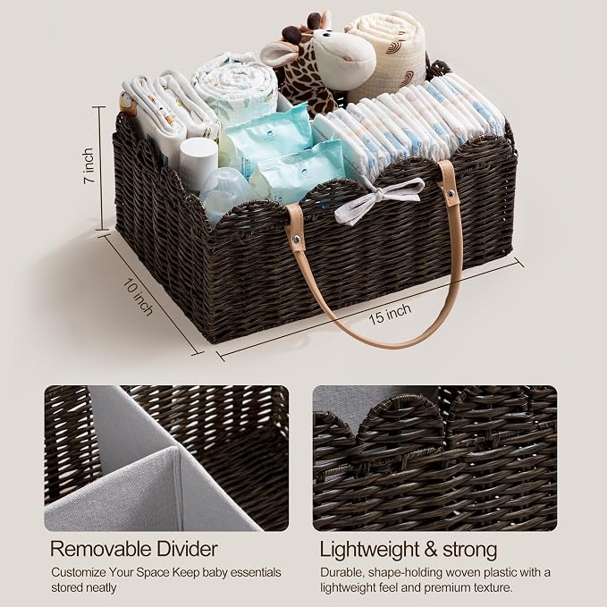 HBlife Baby Diaper Caddy Organizer, Large Portable Scalloped Plastic Wicker Woven Basket with Divider, Nursery Diaper Station, Baby Shower Gifts Basket, Car Organizer, Washable Waterproof - Image 5
