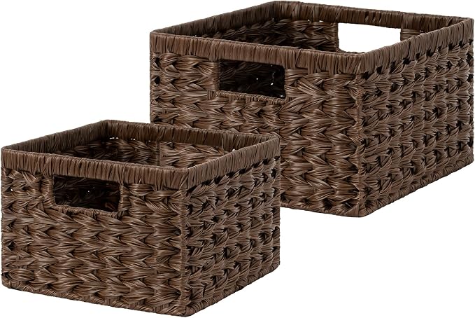 GRANNY SAYS Wicker Baskets for Organizing, Storage Basket for Shelves, Square Shelf Baskets with Handles, Waterproof Woven Basket for Living Room, Baskets for Entryway, Brown by GRANNYSAYS