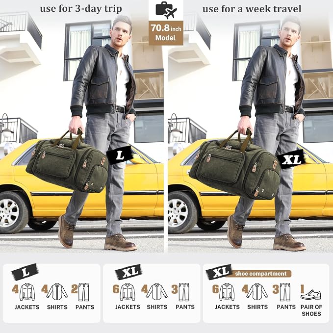 Gonex Canvas Duffle Bag, Expandable 60L Travel Overnight Weekender Bag | for Men, with Shoe Compartment, Multiple Pockets, Tear-Resistant, Durable Zippers, Detachable Strap, Army Green - Image 8