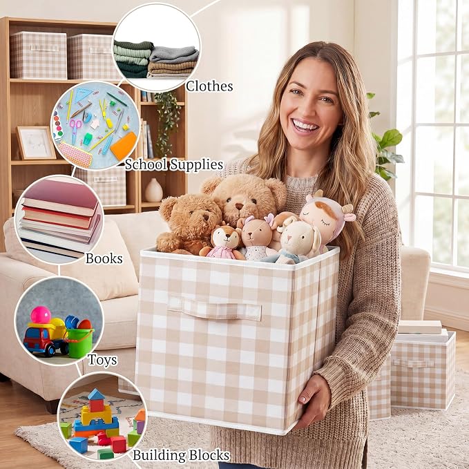 Yalikop 6 Pcs Beige Gingham Cube Storage Bins, 11 Inch Fabric Checkered Classroom Storage Bins Organizer with Handle Preppy Collapsible Cubby Basket for Classroom Home Nursery Playroom Bedroom - Image 7