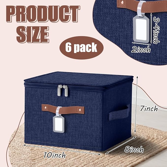 6 Pack Fabric Closet Storage Bins with Zipper Lids and Label, 10×8×7In Large Size Foldable Cotton Linen Storage Cubes Boxes with PU Leather Handles Holders for Bedroom, Nursery, Dark Blue - Image 2