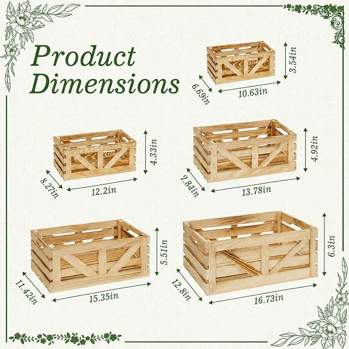 5 Pcs Wooden Crates for Display, Nesting Wood Crate for Storage, 5 Size | Farmhouse Weddings Wooden Basket for Storage Container and Decorations, Rustic Wood Crates for Farmers Market, Birthday, DIY - Image 2