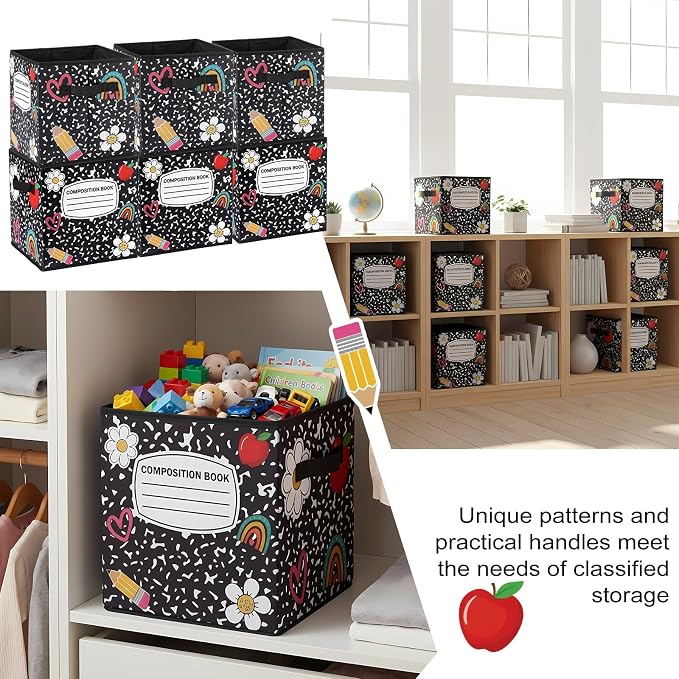 6 Pcs 11 Inch Composition Notebook Fabric Storage Cube Bin with Handle Foldable Composition Classroom Container Cubby Basket Bin for Back to School Decoration Office Home Nursery Organizer - Image 5