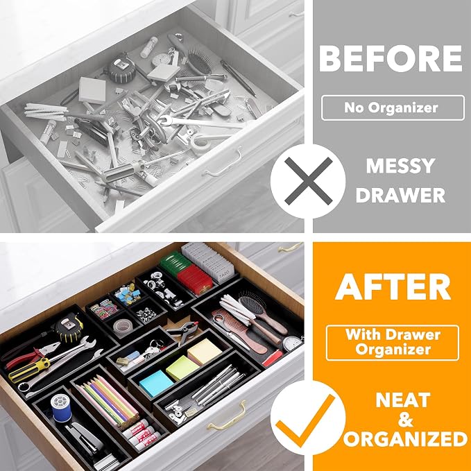 SpaceAid 14-Piece Bamboo Drawer Organizer Storage Boxes Set, Wood Tray Junk Drawer Organizers Multi-Use Divider Bins for Kitchen, Bathroom, Office Desk and Makeup Organization (14 Pack, Black) - Image 2