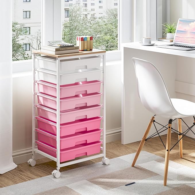 TOOLF Rolling Storage Cart with 8 Drawers,Rose Pink | Utility Cart on Wheels with Wooden Tabletop,Teacher Organization for Classroom, Art Cart for Office,Bedroom,Craft Room - Image 2