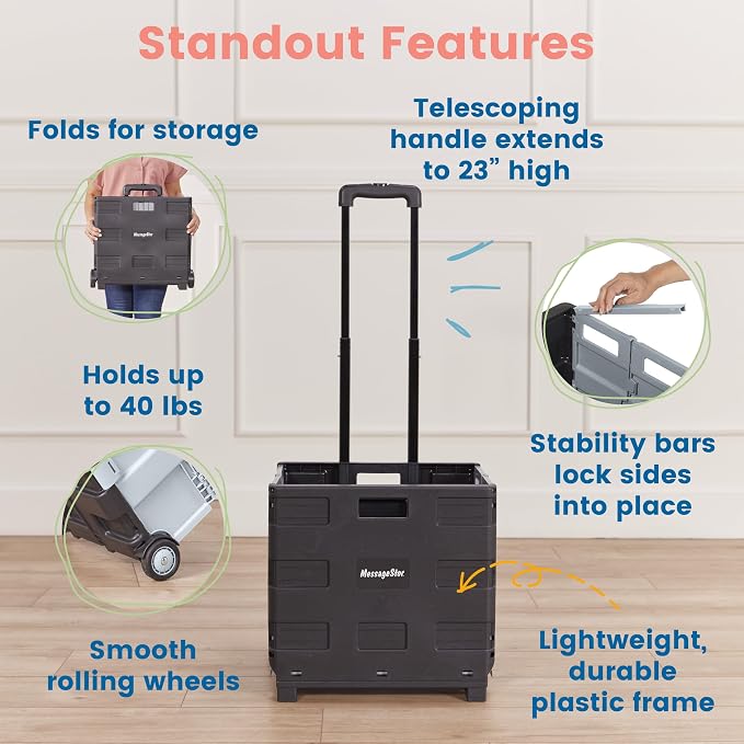 ECR4Kids Universal Rolling Cart with Canvas Organizer Bag, Mobile Storage, Red/Grey | Durable plastic, 30 compartments, adjustable handle, 40 lb capacity, collapses to 3" thick, rolling wheels for easy transport - Image 4