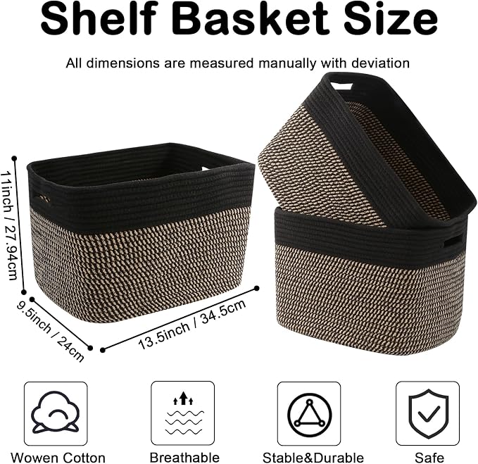 3 Pack Woven Baskets,Storage Baskets for Shelves with Handles | 13.5"×11"×9.5", Closet Baskets, Nursery Organizer for Toys Towels Books, Storage Bin for Living Room Bedroom (Black & Jute) - Image 2