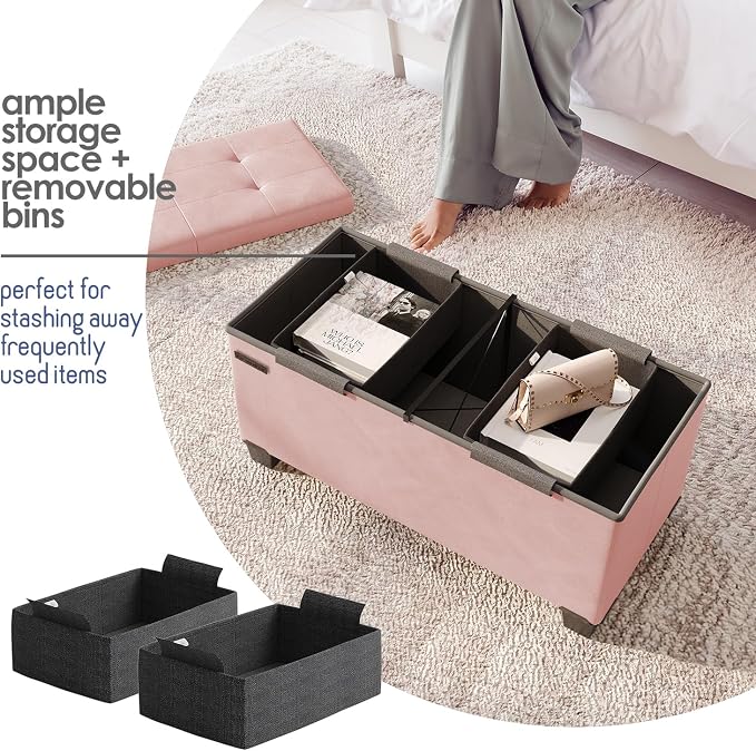 Storage Ottoman Bench with Bins, 30-in Storage Bench for Bedroom End of Bed, Folding Foot Rest Ottoman for Living Room Max 660lbs, Leather Ottomans, Pink - Image 3