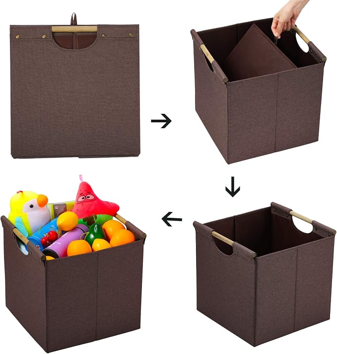HOONEX Collapsible Storage Bins, 12x12x12in Storage Cubes Linen Fabric, Pack of 3, Storage Baskets with Wooden Carry Handles and Sturdy Heavy Cardboard, for Home, Office, Car, Nursery, Brown - Image 6