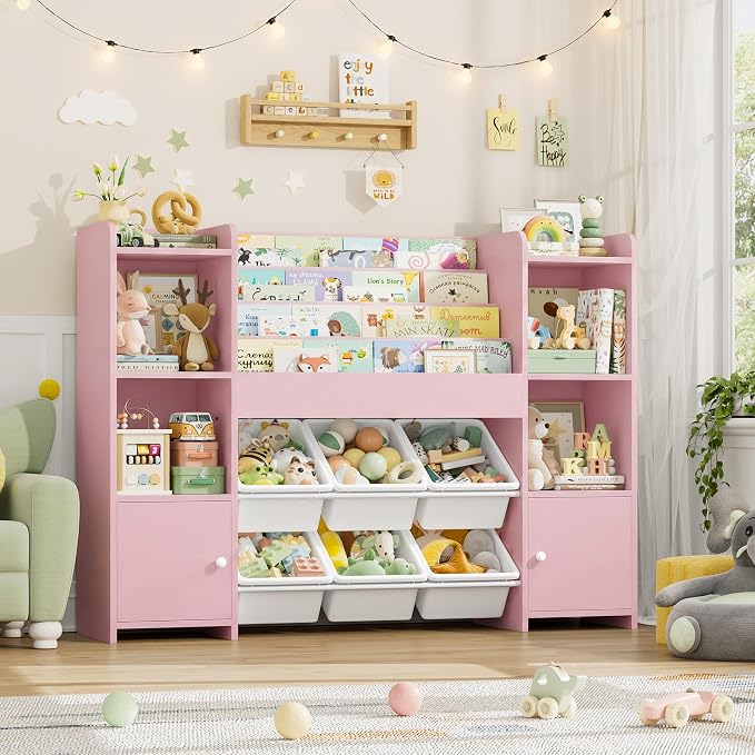 Toy Storage Organizer with 6 Toy Bins & 4 Tier Kids Bookshelf | Toy Organizer with 6 Cubbies, Kids Toy Organizers and Toy Storage with Bins, Playroom Storage and Toy Chest, Pink - Image 5
