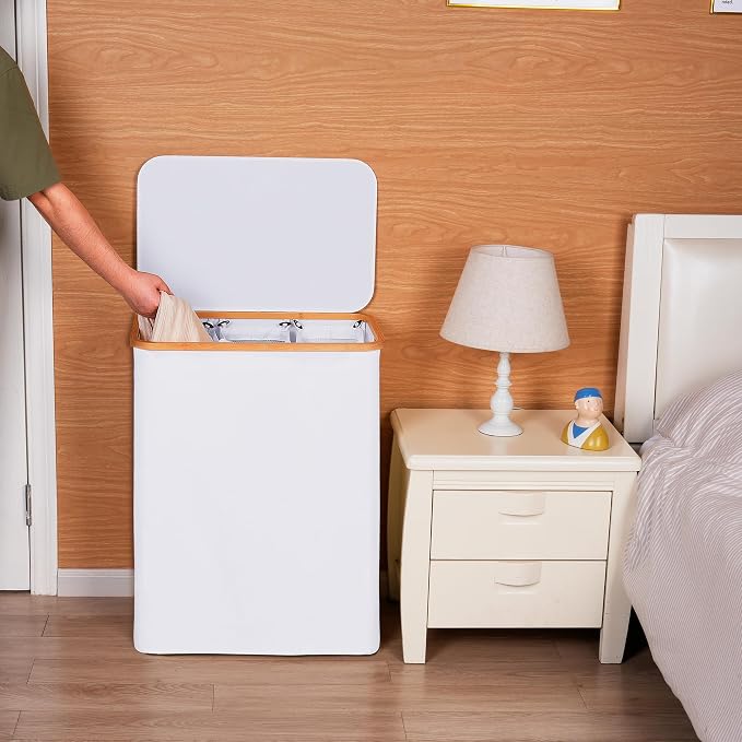 efluky Laundry Hamper with Lid, Trio Laundry Basket with 2 Removable Bags, 3 Section Laundry Bin with Bamboo Handles for Bathroom, Bedroom & Laundry Room, 160L (42.3 Gallon) White - Image 5