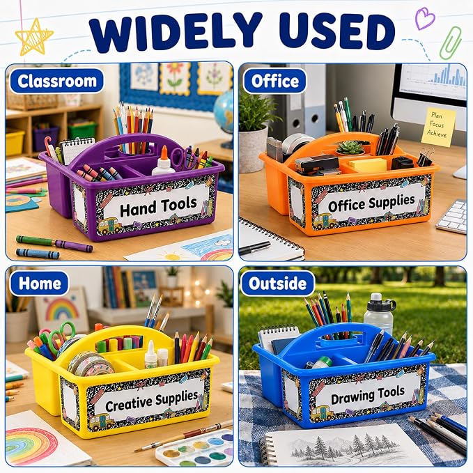 12 Pack Large Colorful Classroom Caddy Organizer with Composition Notebook Label Stickers 3 Compartments Teacher Supply Storage Caddy Table Caddies Holder for Classroom Desk Craft Art School Supplies - Image 6