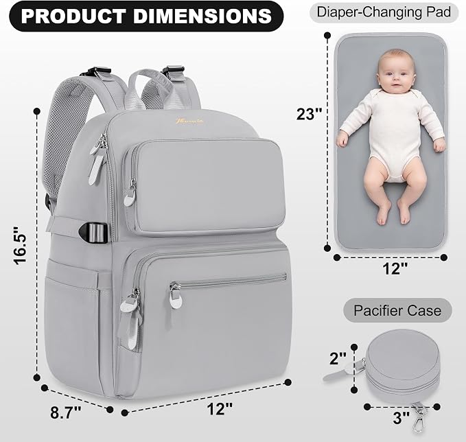 IBVIVIC Diaper Bag Backpack with Portable Changing Pad, Soft Gray | Multifunctional Baby Bag for Mom Dad, Large Capacity, Stroller Straps, Insulated Bottle Pockets & Pacifier Case - Image 4