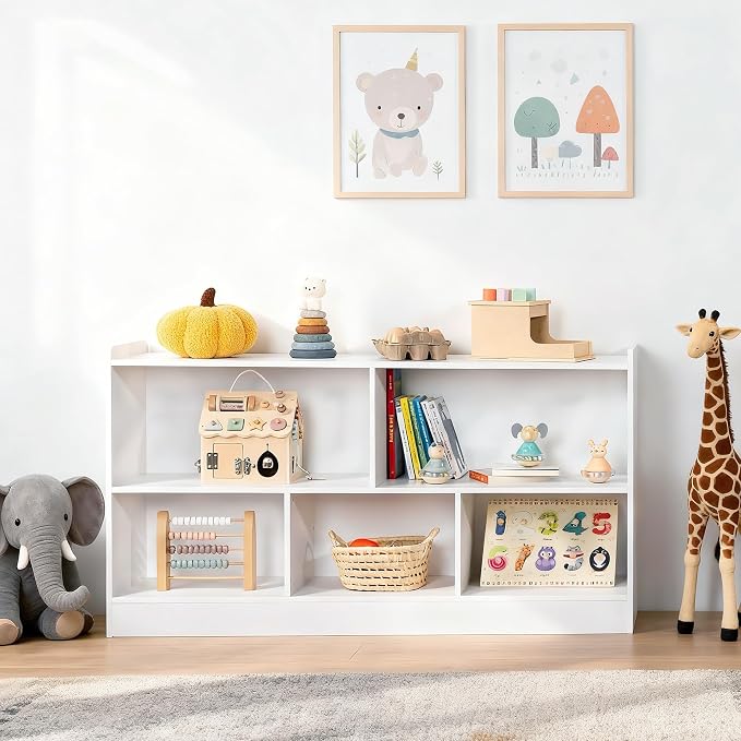 White Montessori Toy Shelf for Kids, 5-Section Storage Organizer | Open Shelving with Customizable 5-Section Layout for Kids Room, Playroom, Classroom, Books, and Toys by Unknown