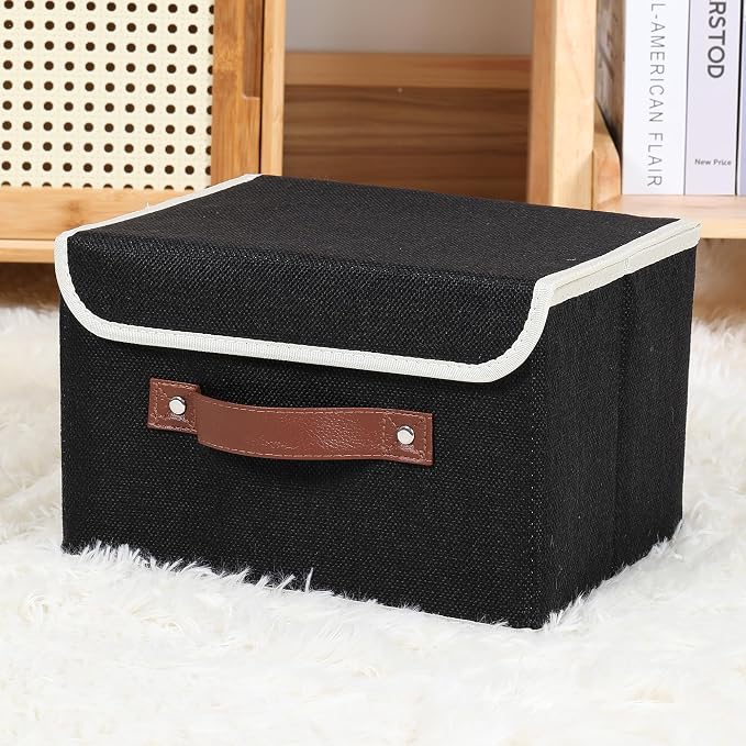 ANMINY Fabric Storage Box Bins with Lids, Black, 15"x10"x10", 2 Pack | Keepsake Memory Storage, Cotton Linen, PP Board Reinforced, Washable, PU Handles, Foldable & Stackable, Decorative, Large - Image 7